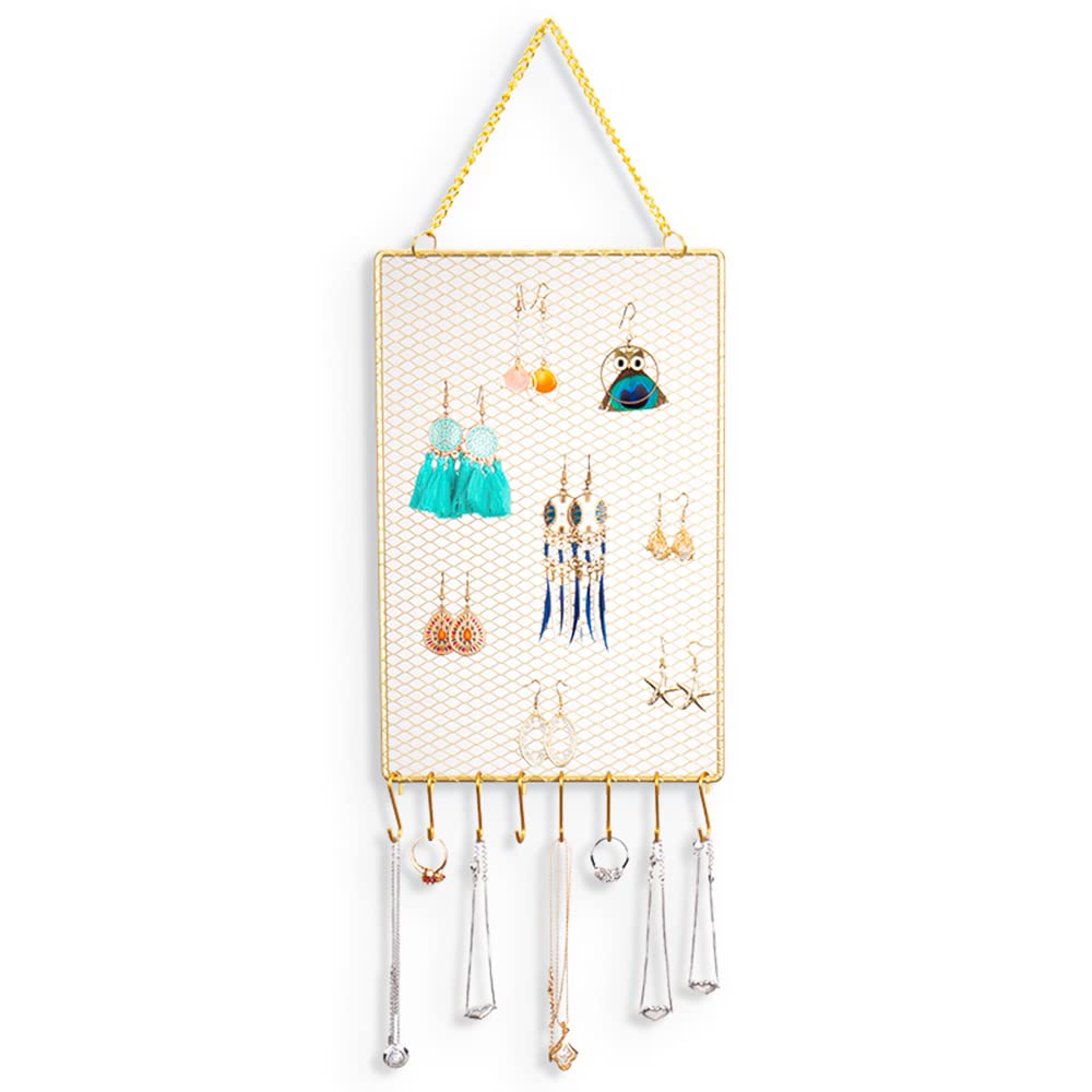 SHILIPAIJC Hanging Jewelry Orgnizer, Wall Mounted Metal Earring Necklaces Display, Mesh Jewellry Holder Bracelet Storage Racks Gift for Girl Women (Rectangular Shape Earring Hanging Net)