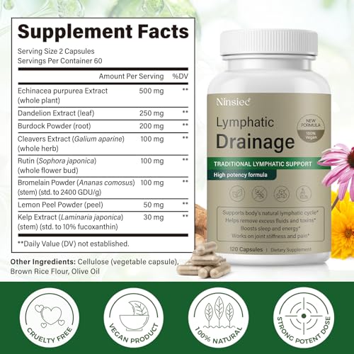 Ninsiec Lymphatic Drainage Supplements - Lymphatic Drainage Capsules for Immune Health,Supports Bloating & Daily Lymphatic Wellness, with Echinacea, Dandelion, and Burdock (120 Capsules)