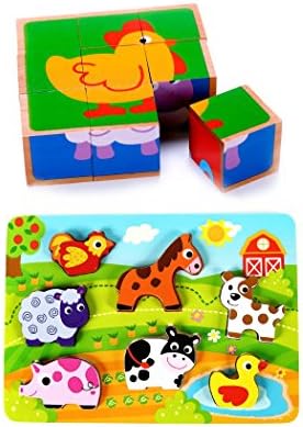 Classic Wooden Puzzle Pack of 2 (Barnyard Farm Animals) for Toddlers, Preschool Age. Colorful Wood Pieces, Cube Block &amp; Chunky Puzzles. Simple Educational &amp; Sensory Learning for 1, 2 &amp; 3 Year Olds