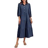 Wenrine Womens Casual 3/4 Sleeve Shirt Dress Button Down V Neck Tiered Collared Flowy Maxi Dress Navy