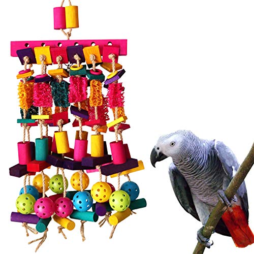 RYPET Large Parrot Chewing Toy – Multicolored Wooden Blocks & Natural Loofah Heavy Duty Bite Bird Toys for African Grey, Macaws and Similar Large Medium-Sized Amazon Parrots