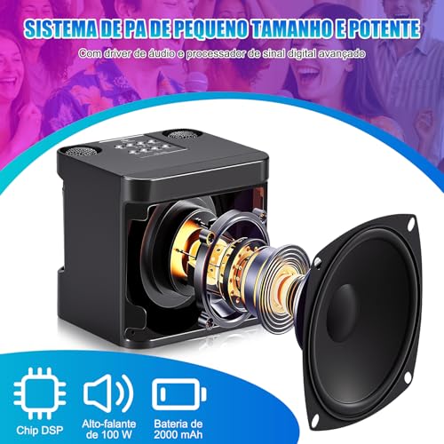 100 W Caixa de Som com Microfone, Alto-falante de Karaokê Bluetooth Portátil com 2 Microfones Sem Fio, Máquina de Karaokê, Portátil para Festas e Karaokê, Sistema de PA de Karaokê HD