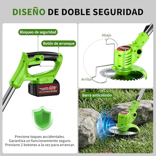 Podadora de Pasto, 4 en 1 Desbrozadora Eléctrica Inalámbrico, Cortacésped Eléctrico con Cabezal Ajustable 90°,4 Tipos de Herramientas de Corte, Portátil y Plegable–Césped, Maleza, Arbustos y Bordes
