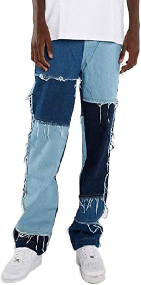 Eghunooze Men's Patchwork Jeans High Waisted Patchwork Straight Jeans Hip Hop Pants Skate Jeans 