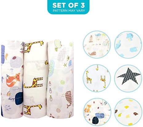 Baby Swaddle Blanket | 3 pcs Soft Breathable Premium Organic Cotton Muslin 39 x 59 inch Large Blanket Nursery Set | Pattern May Vary | 1228.2