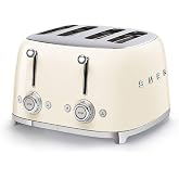 SMEG 4 Slice Toaster TSF03, Retro Stainless-Steel Toaster with Wide Slots for Bagels, 6 Browning Levels, Defrost Reheat Bagel Functions, Dual Controls, Crumb Trays, 1800W - TSF03CRUS - Cream