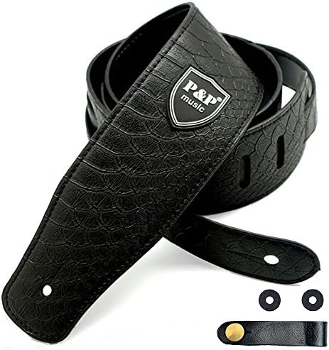 Guitar Strap for Electric Guitar, Acoustic Guitar and Bass, Includes 2 Strap Locks, 1 Leather-made Guitar Strap Button, Best for Guitar Players (Black-Snakeskin)