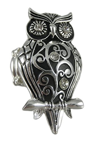 Chrome Finish Rhinestone Accented Owl Stretch Ring