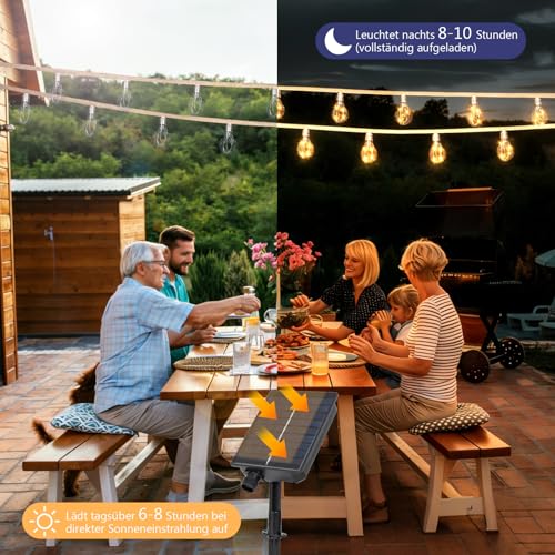 DBFAIRY 10 m Solar Fairy Lights Outdoor with 20 Bulbs, Solar Fairy Lights Outdoor Weatherproof with Timer 8 Modes, Vintage Hemp Rope Solar Fairy Lights Outdoor for Garden Balcony Party (Warm White)