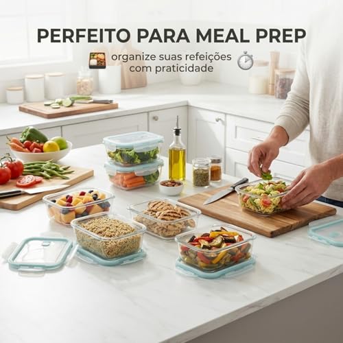 Pote de Vidro Hermético 370ml Retangular Kit 10 Unidades Marmita com Trava Organizador de Alimentos para Geladeira Freezer e Microondas