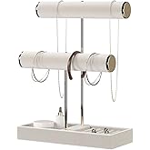 Gghenda 2 Tier Necklace Bracelet Holder Organizer with Ring Tray Jewelry Display Stand，Jewelry Holder for Scrunchie Watches Detachable (Biege)