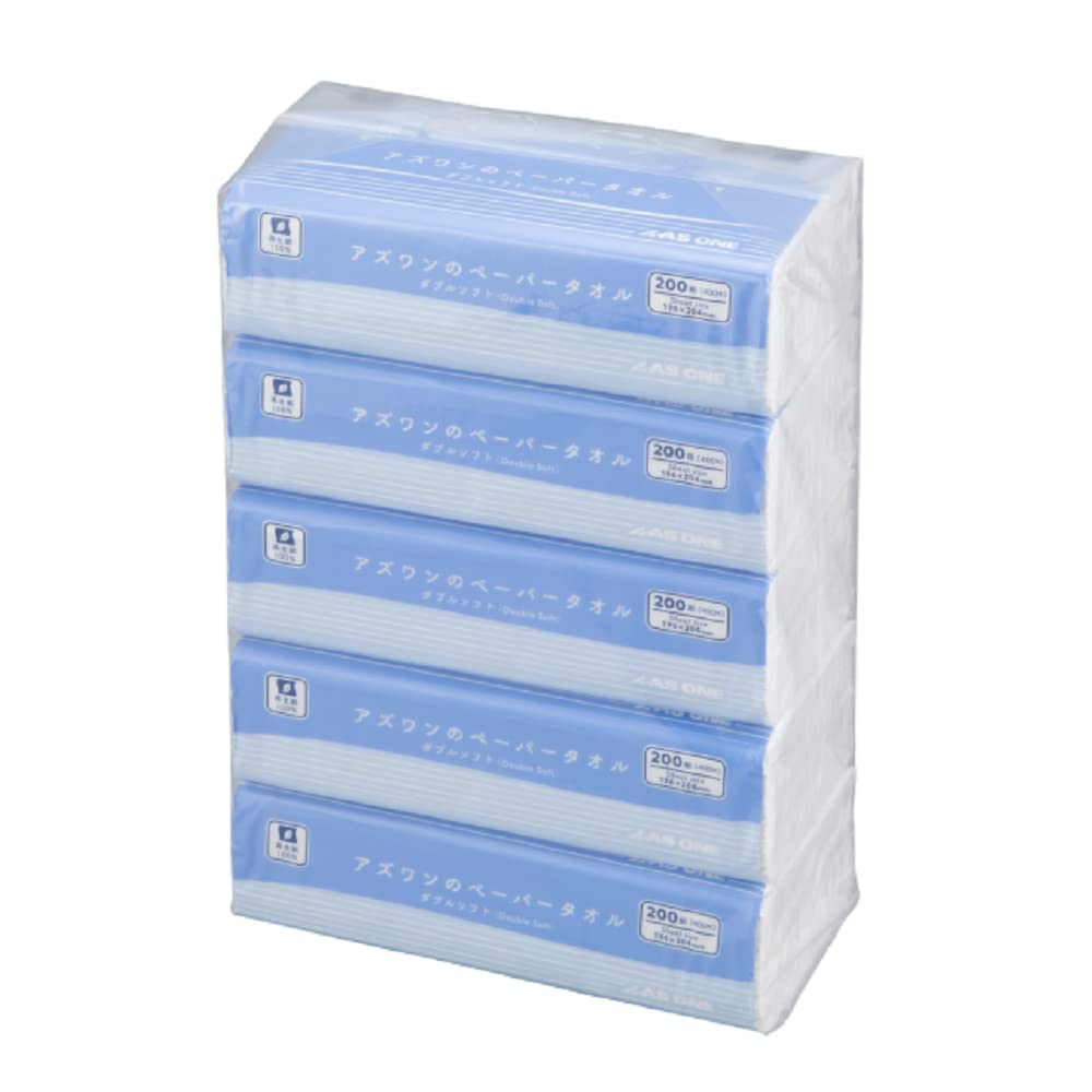 アズワンのペーパータオル ダブルソフト 5パック(200組入×5袋入) 日本製 再生紙100% 2枚重ね ホワイト商品画像
