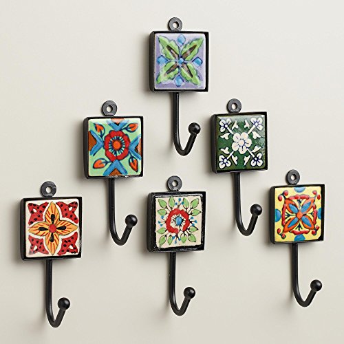 Painted Square Tile Hooks, Set of 6 3.5"W x 1.5"L x 1.25"H each