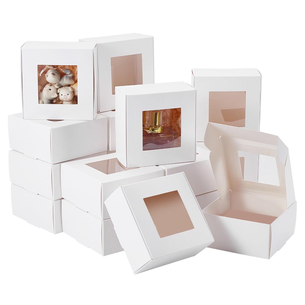 BENECREAT 28 Packs 6.5x6.5x3cm Square Gift Boxes with Clear Window, White Bakery Boxes Gift Packaging Boxes for Anniversaries, Birthdays, Weddings, Graduation