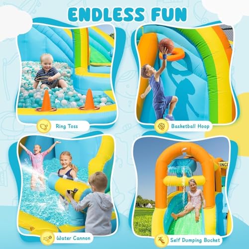 FINCOME Inflatable Water Slide, Bounce House with 2 Slide for Kids, Inflatable Waterslide Park with Splash Pool, Basketball Hoop, Ball Shooting & Water Cannon for Backyard, Outdoor, Indoor