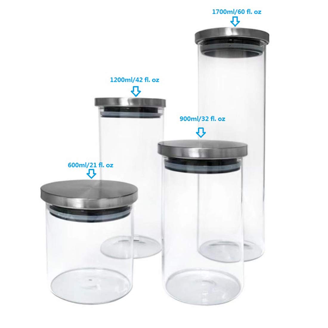 Keypro Set of 4 Stackable Airtight Glass Storage Canisters, Lead Free Borosilicate Glass, with Stainless Steel Lid, for Tea Leaves, Nuts, Seasoning and Coffee Beans Storage (Tall)