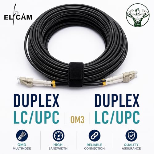 Elfcam - Fiber Optic Cable in Shielded Steel for Outdoor and Indoor LC/UPC to LC/UPC OM3 Multimode Duplex 50/125um Black (100M) | OM3 duplex LC/UPC cable with steel reinforced sheath, suitable for indoor and outdoor installations.