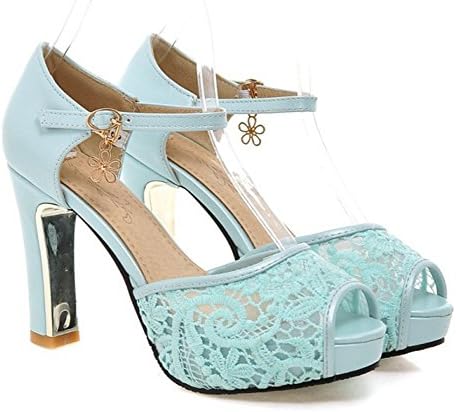 Sfnld Women's Sweet Peep Toe Low Cut Mesh Platform Ankle Strap High Chunky Heel Pumps Shoes with Buckle