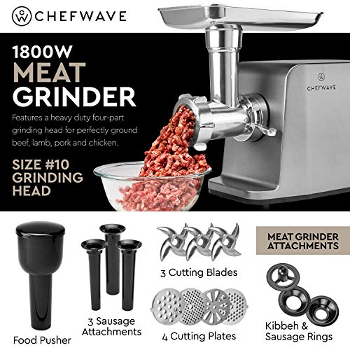 ChefWave Electric Meat Grinder FDA Approved - Stainless Steel Heavy Duty 1800W Max 3-Speed - 4 Grinding Plates, 3 Cutting Blades, Tomato Juicer, Sausage Stuffer Tubes + Cutting Board + Sausage Pricker