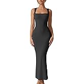 QINSEN Women's Square Neck with Lace Detail Long Maxi Dress Sleeveless Lounge Ribbed Full Length Dresses