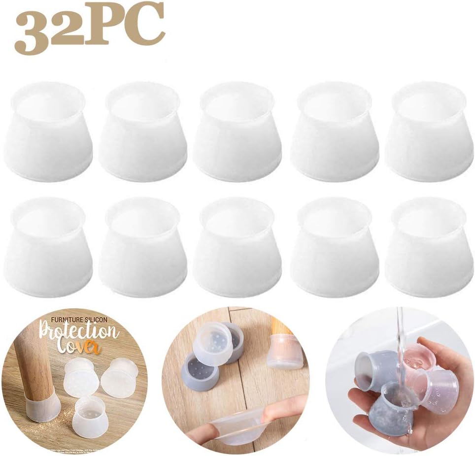 32 Pcs Chair Leg Floor Protectors -Furniture Silicon Protection Cover,Round Furniture Table Feet Cover, Chair Leg Caps Anti-Slip Bottom Chair Pads - Prevents Scratches and Noise (32Pcs, White)