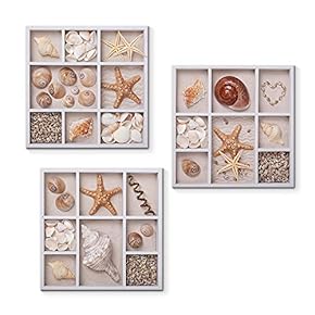 3 Piece Canvas Wall Art for Living Room Bedroom Home Artwork Starfish Shell Fishing Net Sands Beach Paintings Ready to Hang - 12"x12"x3 Panels