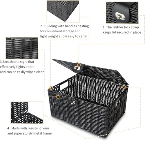 Homodoskey Set of 3 Woven Storage Basket Box Wicker Hamper Stackable Bin with Lid & Lock, Built-in Carry Handles, Organizer for Nursery, Baby Closet, Diaper, Toys, Home, Office, Laundry, DVD (Black)