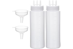 Uceoo 3 Hole Squeeze Bottle for Sauces, Plastic Squeeze Condiment Bottles Tomato Sauce Dispensers for Ketchup BBQ Dressing Paint Workshop Pancake Art Craft with 2 Funnels (14oz-2pcs)