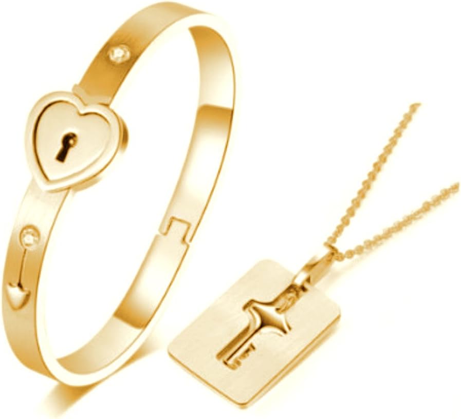 Heart Lock Love Bracelet Bangle Key Chain Necklace Pendant Lover Jewelry Set For Couple Men Women