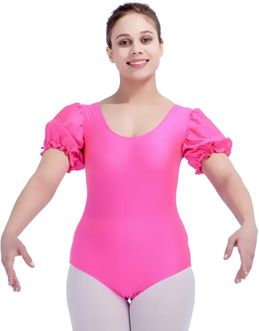 Ballet Leotard Dance Shiny Lycra Puffy Sleeve Costume Bodysuit Ladies
