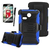 LG Sunrise (LG L15G) / LG Lucky (LG L16G) Phone Case, Luxca (Tm) LG Sunrise (LG L15G) / LG Lucky (LG L16G) (Straight Talk) Xtreme Heavy Duty Hybrid Armor Dual Layer Rhino Kickstand Belt Holster Combo Rugged Case Tuff Verge Dynamic + Stylus Touch Screen Pen (Blue / Black XTM)