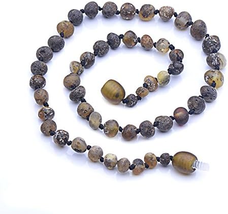 Genuine Amber - Baby Unisex Teething Necklace - 12.6 Inches - Dark Green - 100% Natural Baltic Amber Raw Not Polished Amber Beads - Natural Pain Relief - Knotted Between Beads - Plastic Screw Clasp