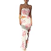Milumia Women's Floral Cut Out Vacation Dress Ruffle Asymmetrical Strapless Sundress Long Dresses