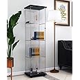 JT Glass Display Cabinet 4 Shelves with Door, Easy to Install, Solid Tempered Glass, Floor Standing Curio Bookshelf for Living Room Bedroom Office (Black)
