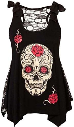 Vicwork Women Fashion Skull Print Loose Lace Patchwork Bandages Casual Sleeveless Tank Tops (XXL, A)