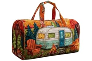 Vintage Camper Quilted Duffle Bag Stylish Travel Tote For Weekend Road Trips, 3D, 18*9*9 inch, Vintage