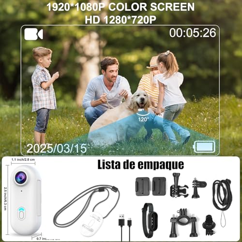 OBEST Cámara de Acción Inalámbrica Portátil 1080P, Cámara para Collar para Mascotas, Cámara Deportiva, Bodycam para Moto Gran Angular 120° para Deportes Al Aire, Blanco