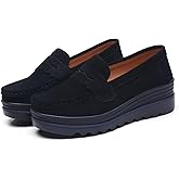 EnllerviiD Women's Slip-On Platform Loafers Comfort Suede Wedge Shoes Casual Thick Soft Business Work Penny Loafers