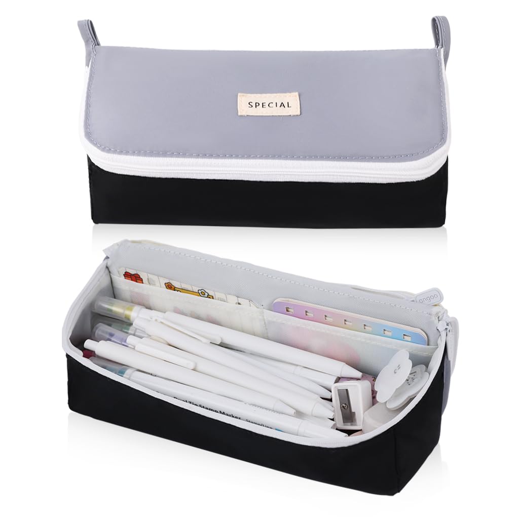 Oyachic Wide Open Pencil Case Flip-Top Large Pencil Pouch Pen Holder Bag Office Stationery Asthetic Supply Organizer Marker Zipper for Adults (Grey) — image 1