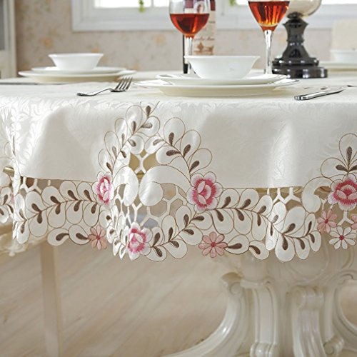 QXFSMILE Embroidered Floral Fabric Classy Handcut Work Round Tablecloth White Round 70 Inch