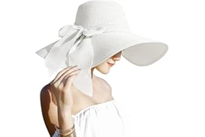 Lanzom Womens 5.7 Inches Big Bowknot Straw Hat Large Floppy Foldable Roll up Beach Cap Sun Hat UPF 50+