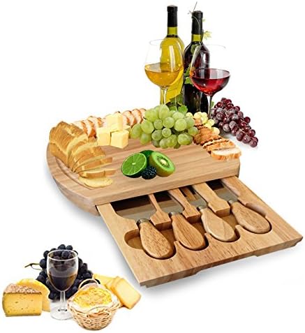 Saint Tropez Cheese Board Set - with Cutlery Set 4 Stainless Steel Cheese Knives, Removable Slide-Out Drawer, Portable Bamboo Charcuterie Platter Board, Fancy Cutlery Set | by HomesnSoulution