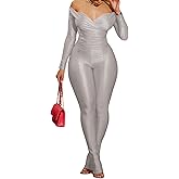 Sriswel Womens Sexy 2 Piece Outfits Off Shoulder Deep V Neck Tops Slit Hem Flare Pants Sparkly Jumpsuit Set Clubwear