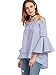 SheIn Women's Off The Shoulder Bell Sleeve Striped Blouse - Blue# Large