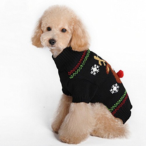 Moolecole Puppy Dog Christmas Knitted Sweater Reindeer Sweatshirt Clothes Pet Winter Knitwear Coat Warm Hoodies Apparel Black L - Thumbnail 2