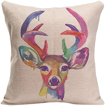 Cotton Linen Pillowcase Colorful Deer Head Printed Cushion Cover Lvsure Pillowcases For Livingroom Or Bedroom 18 x 18 inches / 45 cm x 45 cm cm