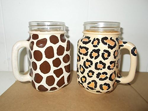 Hand Painted Giraffe and Leopard Mason Jar Mugs