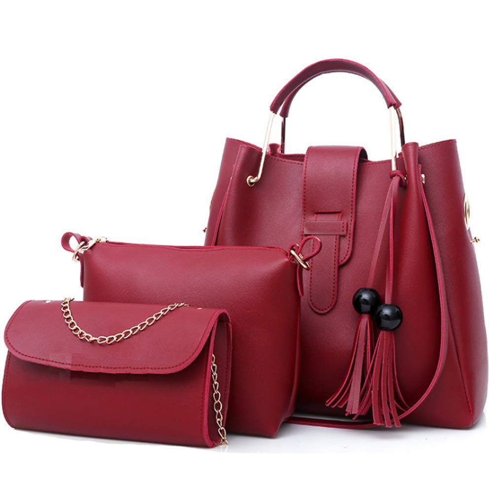 FiveloveTwo Women's Purse and Handbags 3 Pcs Bag Set PU Leather Tassel Totes Clutch Satchels Top Handle Shoulder Crossbody Bags Pack Burgundy