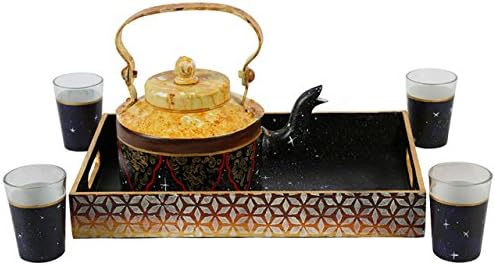 Hand Painted Teapot With Complimentary Tray & 4 Glasses Best Serveware To Serve Tea/Coffee Light Weight & Durable Unique Vintage Home Decor By Klamod India (Black)