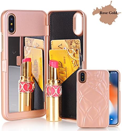 Iphone X Case for Girls, [3D Mirror Series] Card Holder Kickstand Wallet Style Protective Back Cover Case with Screen Protector for Apple iPhone X 5.8 Inch (Rose Gold)